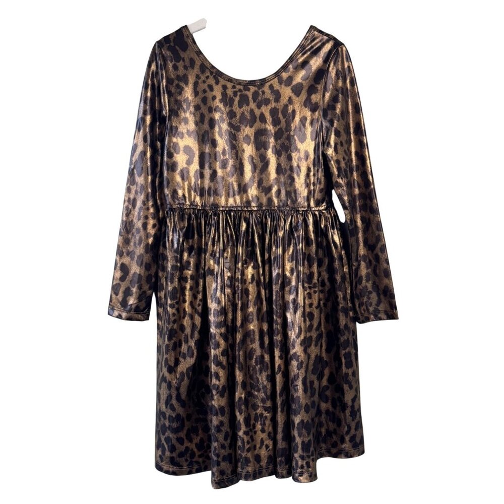 PINK CHICKEN Leopard Liza Lame Dress Girls 7 7Y Shiny Metallic Twirl Long Sleeve